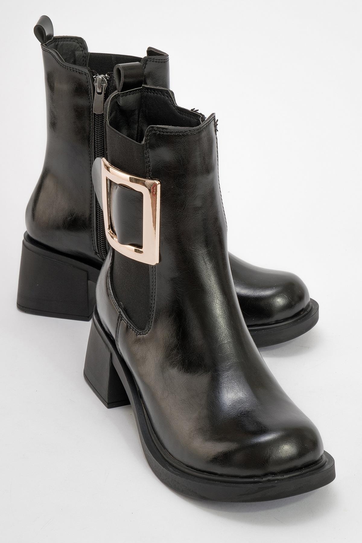 Moriah - Black Block Heel Boot – front three-quarter view showing leather, black, Vowalisse