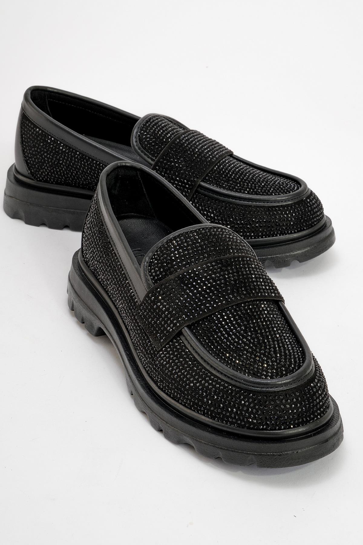 Babel Black Stone Embellished Suede Loafer – front three-quarter view showing rhinestone, leather, suede, Vowalisse