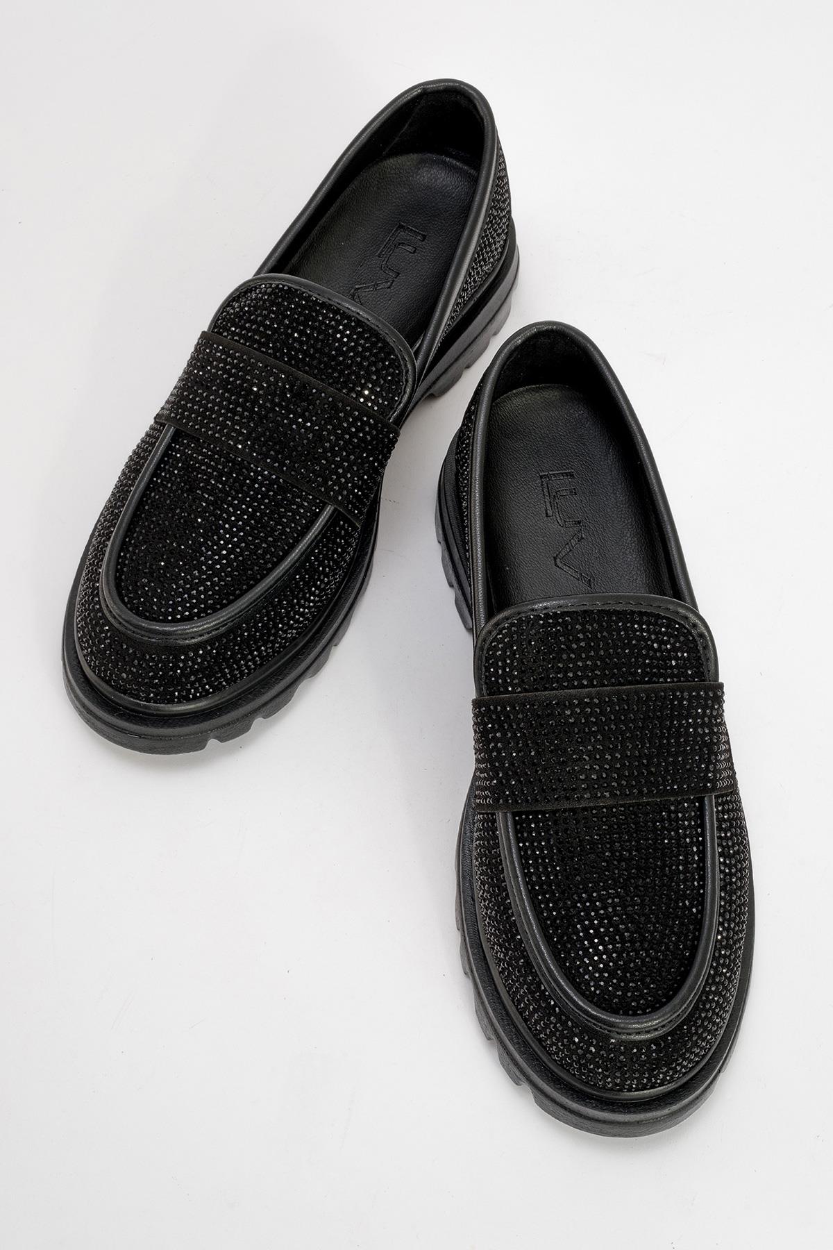 Babel Black Stone Embellished Suede Loafer – side view showing rhinestone, leather, suede, Vowalisse