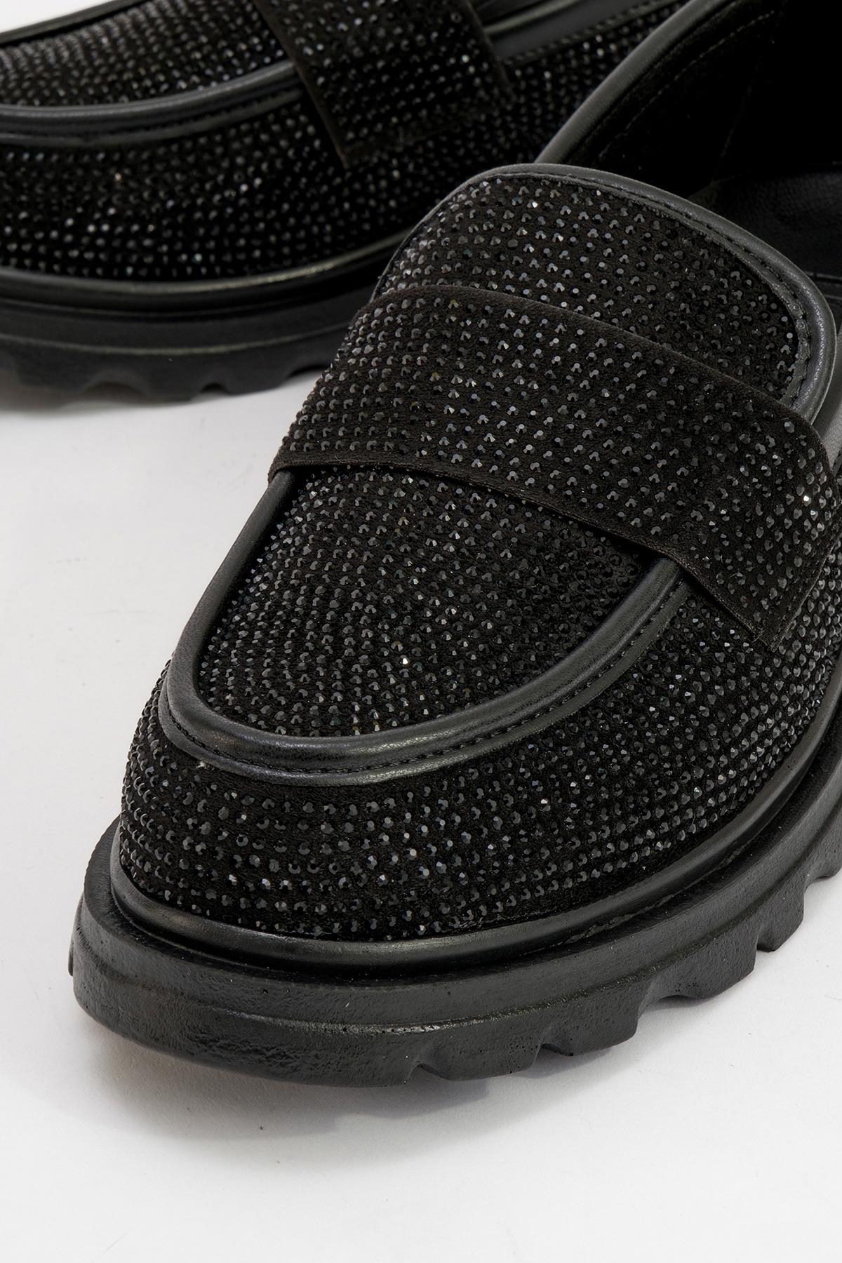 Babel Black Stone Embellished Suede Loafer – detail view showing rhinestone, leather, suede, Vowalisse