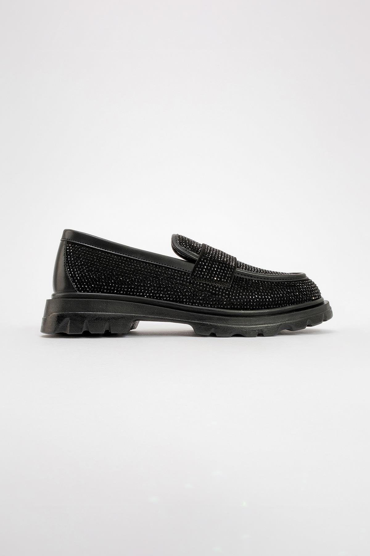 Babel Black Stone Embellished Suede Loafer – heel view showing rhinestone, leather, suede, Vowalisse