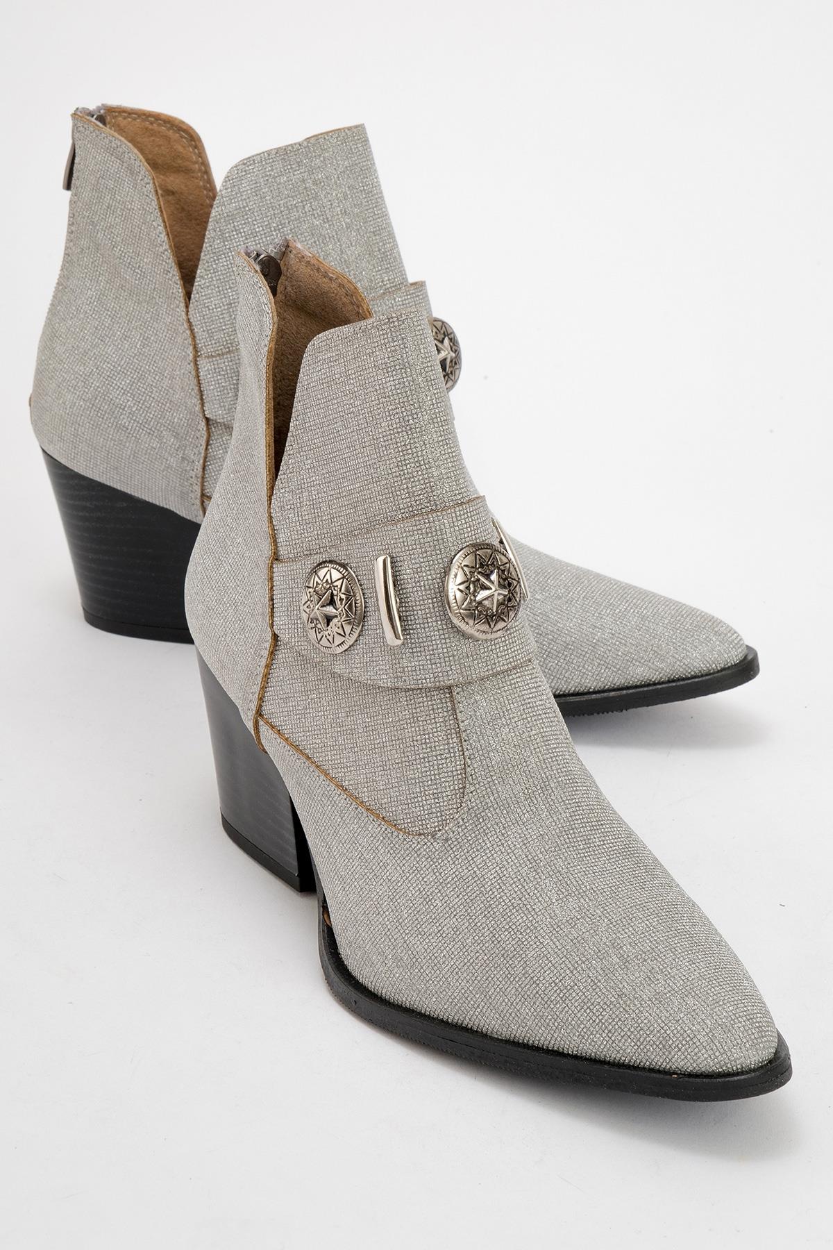 Kenda Silver Glitter Buckle Block Heel Boot – side view showing leather, glitter, silver, Vowalisse