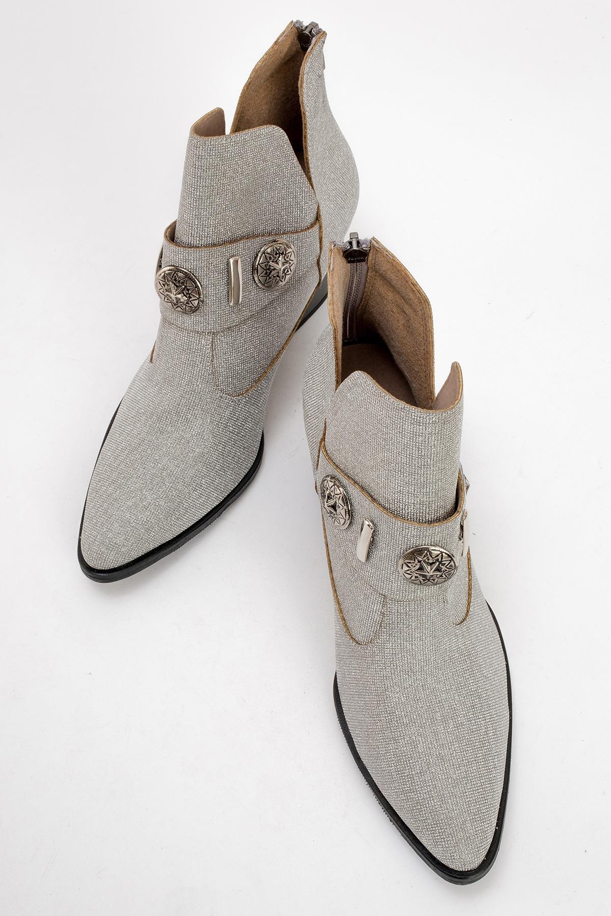 Kenda Silver Glitter Buckle Block Heel Boot – detail view showing leather, glitter, silver, Vowalisse