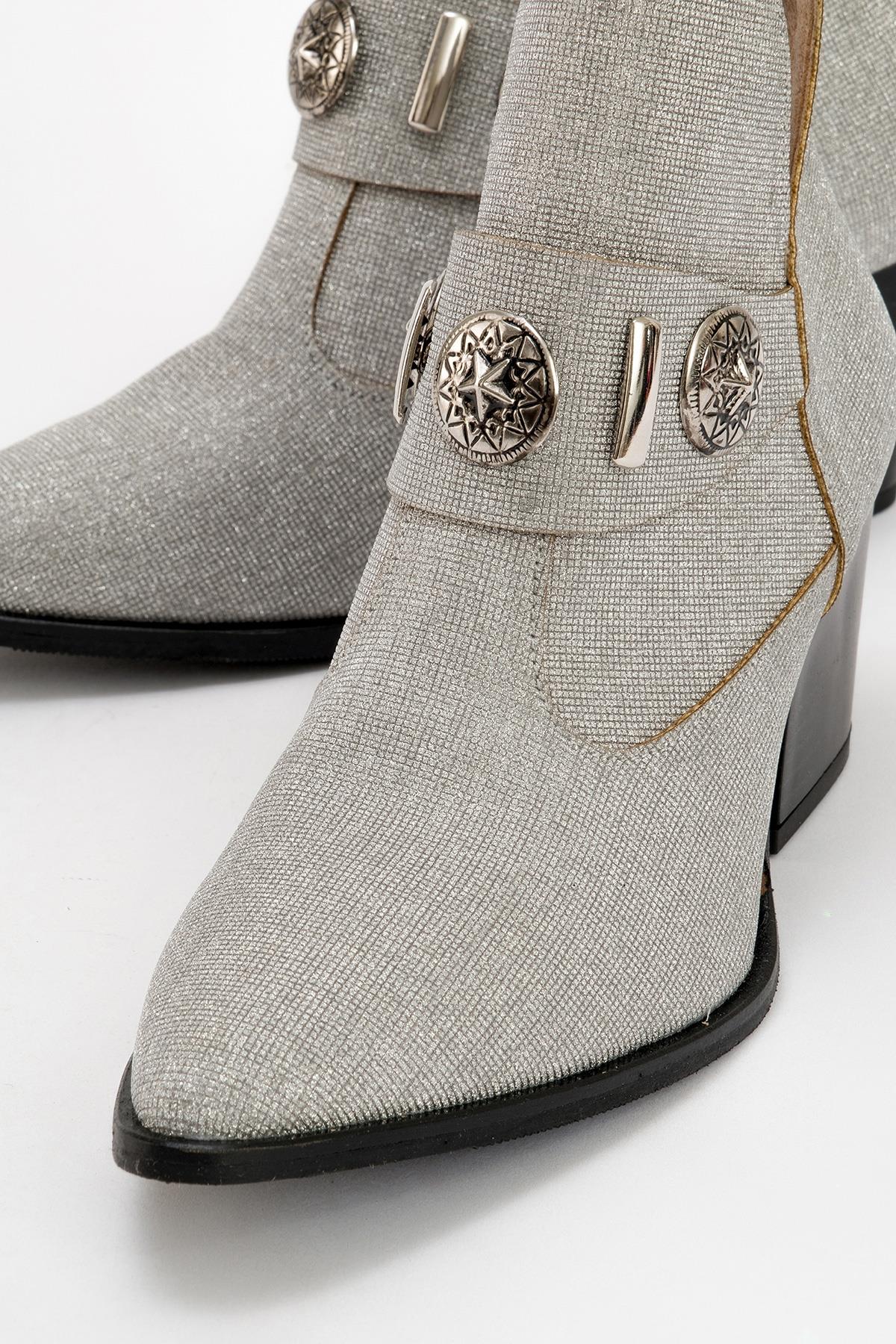 Kenda Silver Glitter Buckle Block Heel Boot – heel view showing leather, glitter, silver, Vowalisse