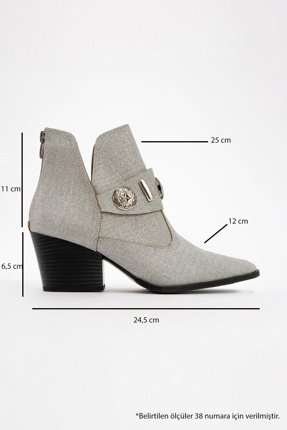 Kenda Silver Glitter Buckle Block Heel Boot – back view showing leather, glitter, silver, Vowalisse