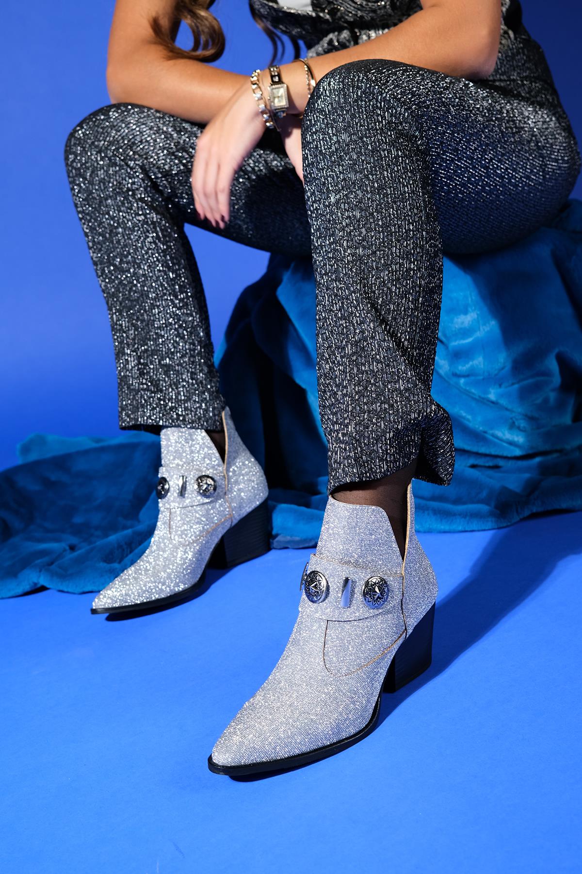 Kenda Silver Glitter Buckle Block Heel Boot – top view showing leather, glitter, silver, Vowalisse