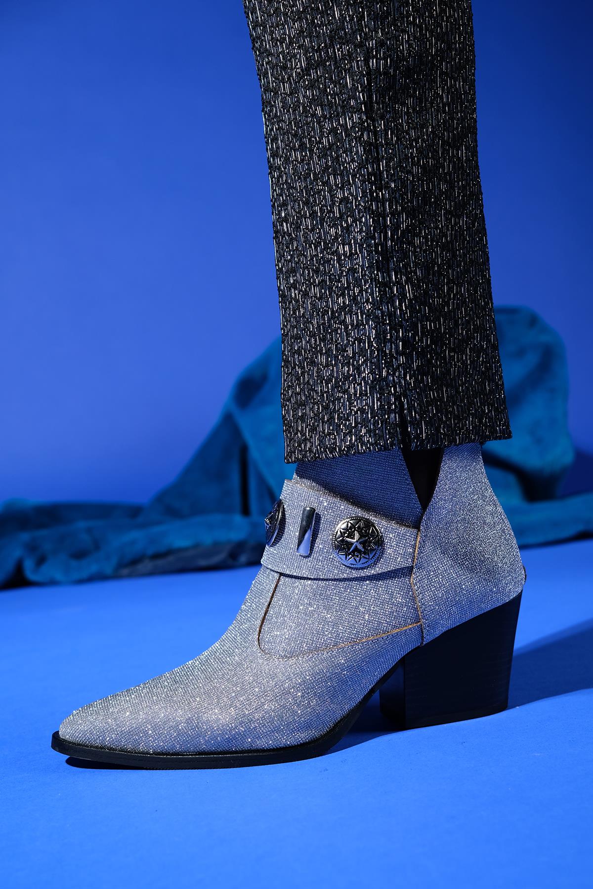 Kenda Silver Glitter Buckle Block Heel Boot – pair view showing leather, glitter, silver, Vowalisse