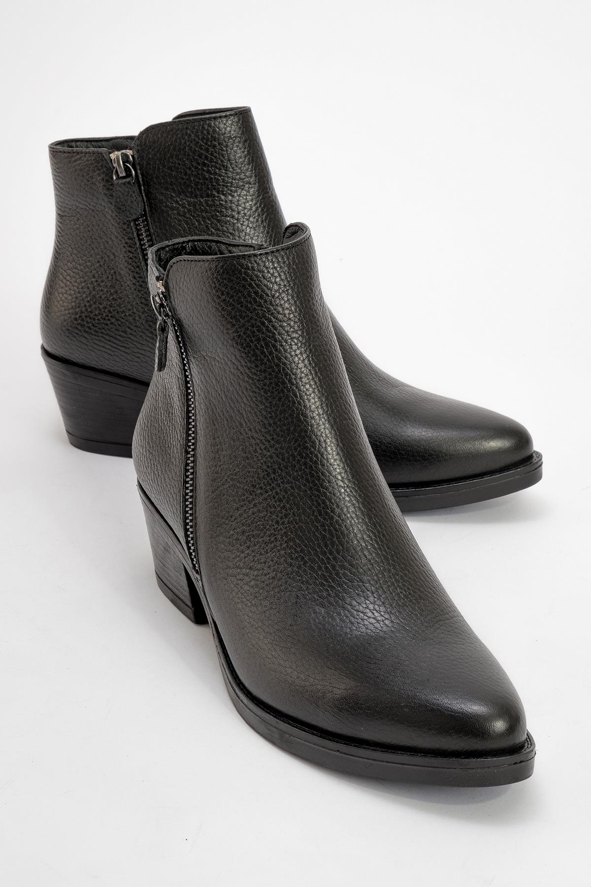 JAYER Black Leather Double-Zip Block Heel Boot – front three-quarter view showing leather, black, red, Vowalisse
