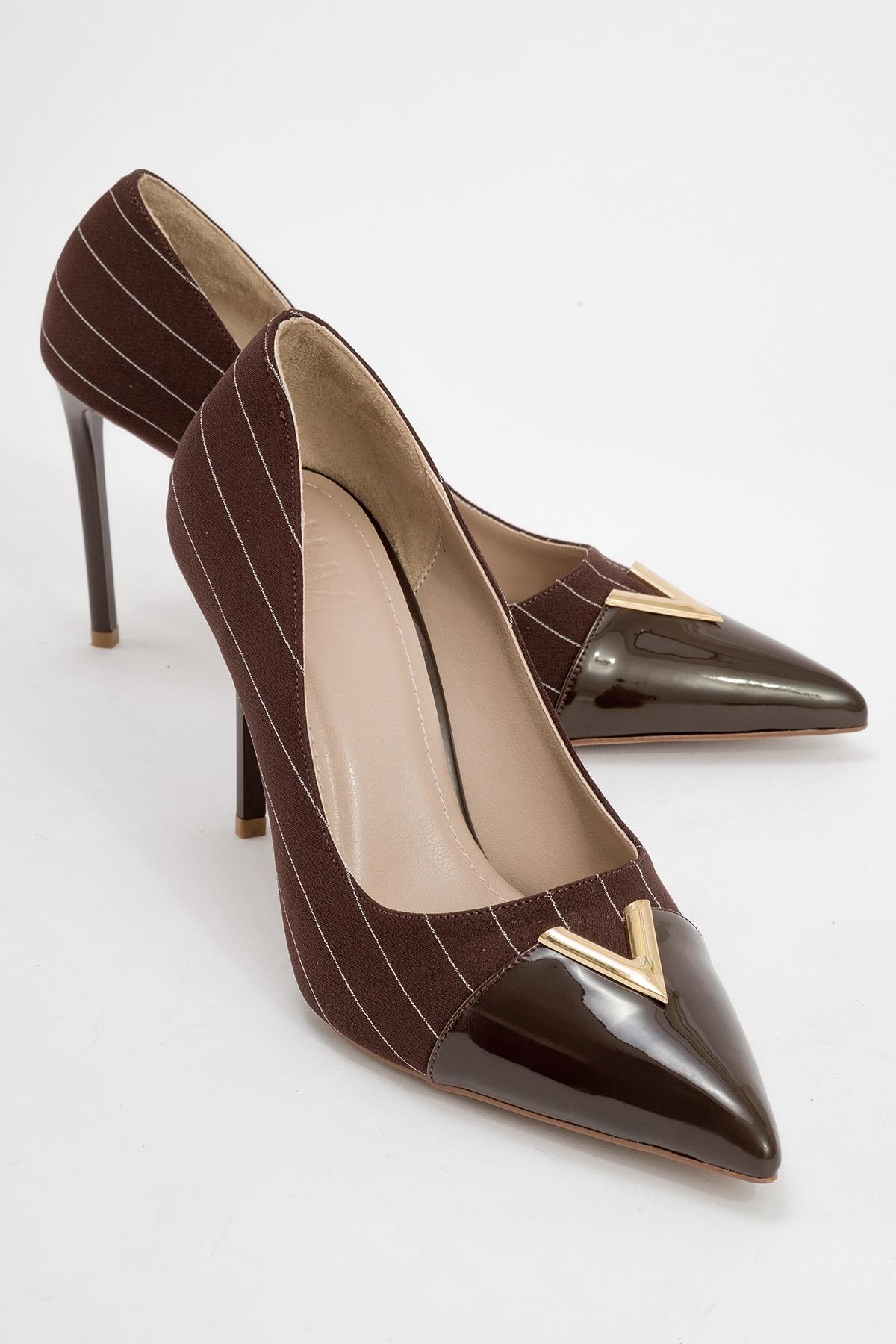 Arrow - Brown Striped Patent Gold Buckle High-Heel Shoe – front three-quarter view showing leather, metallic, gold…