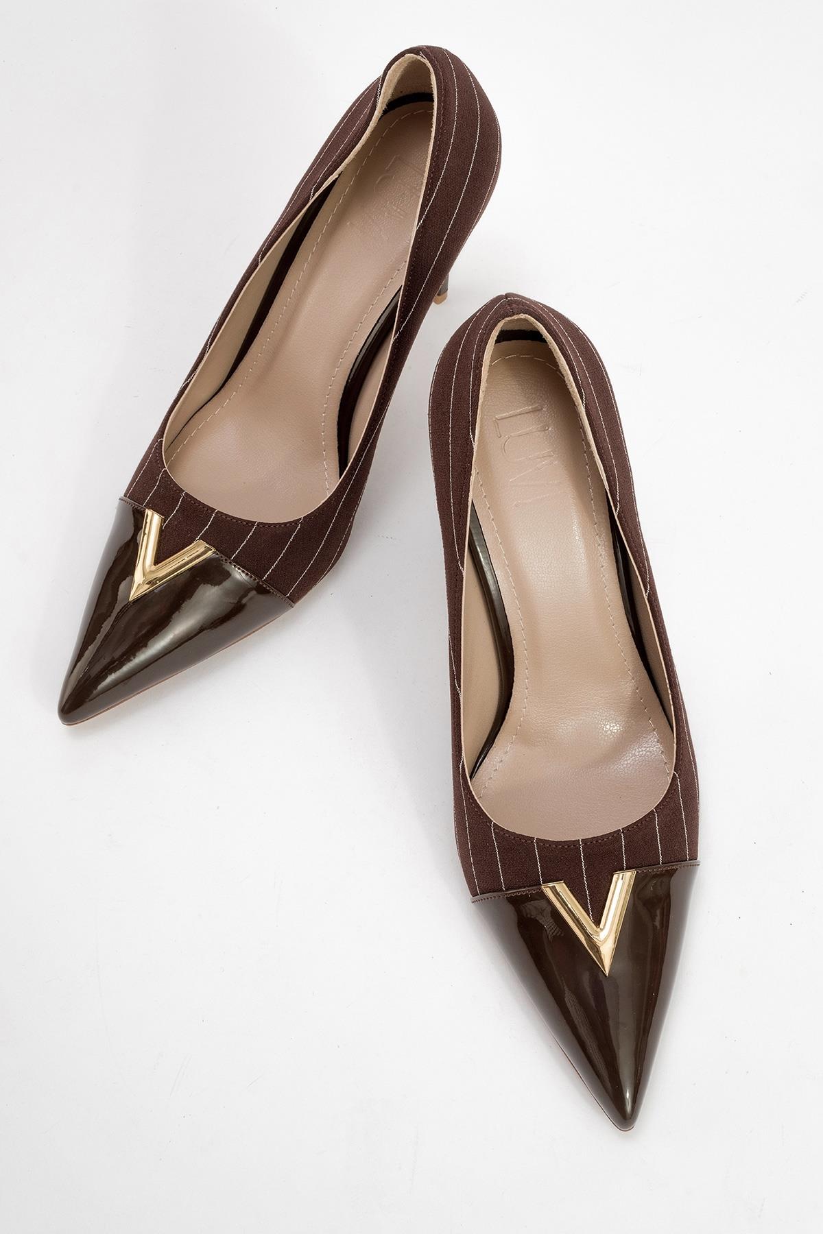 Arrow - Brown Striped Patent Gold Buckle High-Heel Shoe – side view showing leather, metallic, gold, Vowalisse