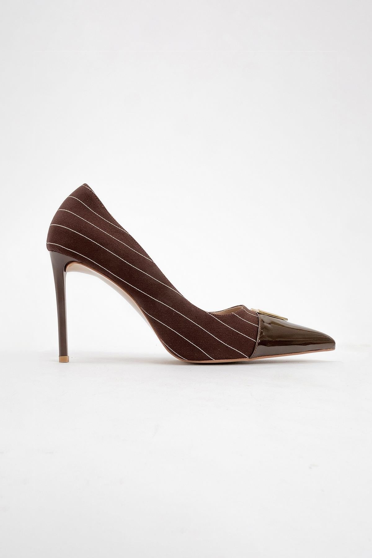 Arrow - Brown Striped Patent Gold Buckle High-Heel Shoe – heel view showing leather, metallic, gold, Vowalisse