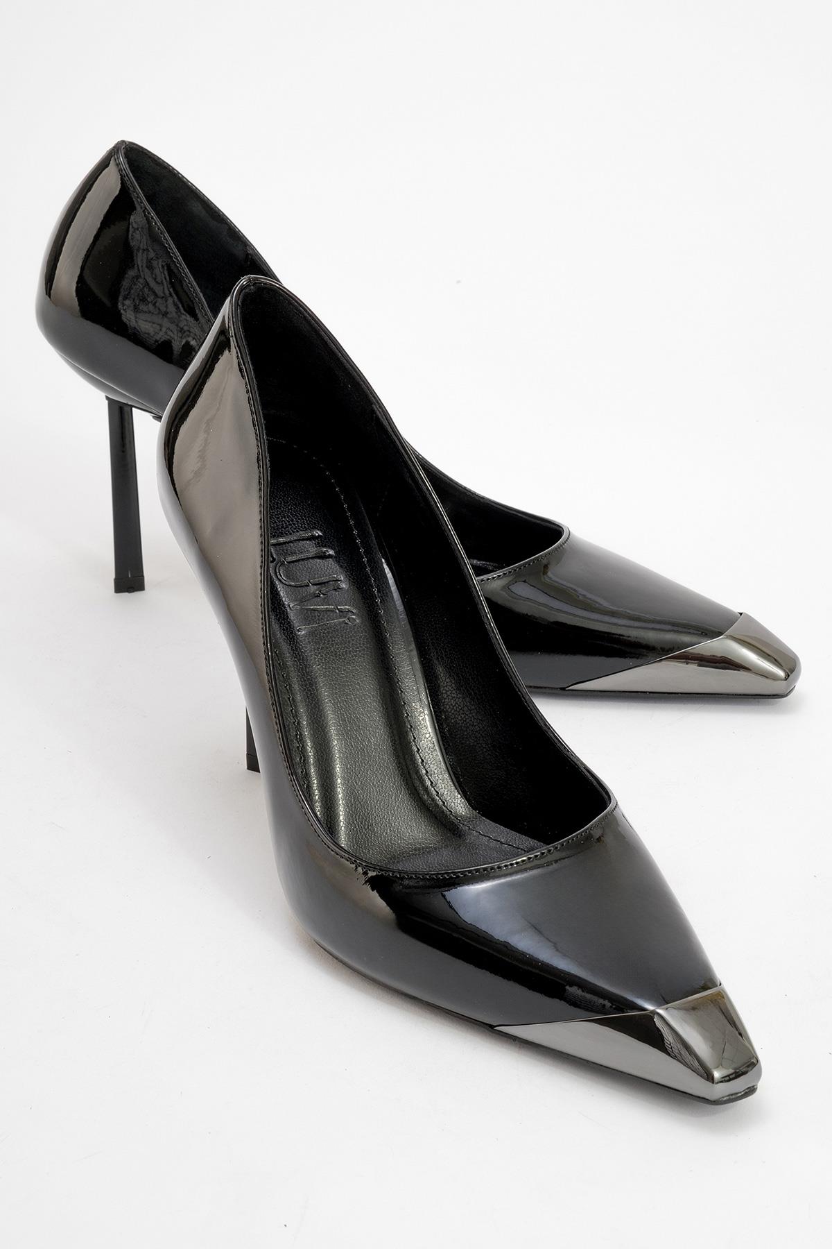 Brelo - Black High Heel Shoe – front three-quarter view showing leather, black, Vowalisse