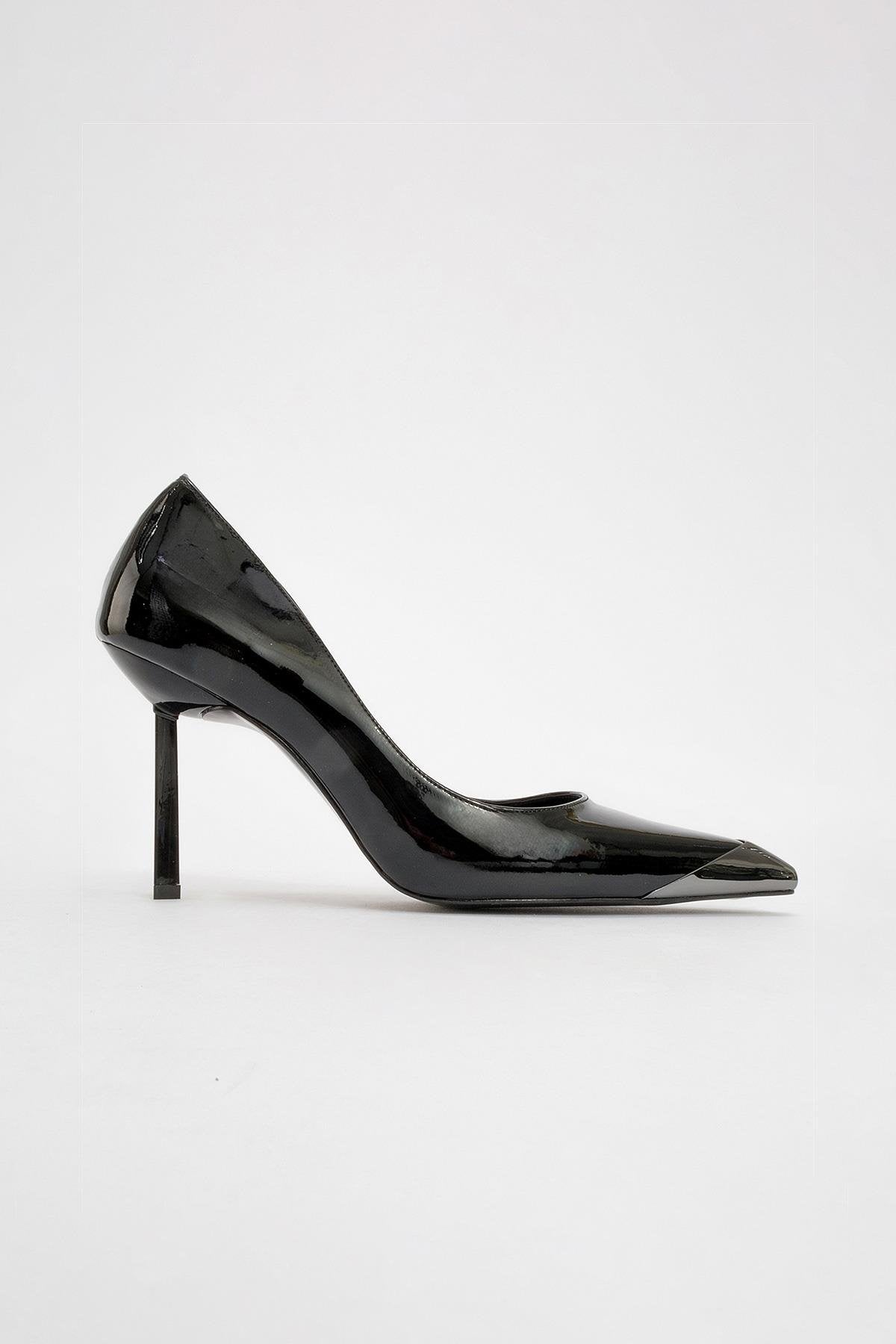 Brelo - Black High Heel Shoe – heel view showing leather, black, Vowalisse