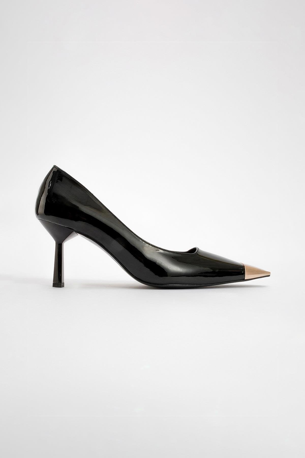 Moanda - Black Stiletto Pump – heel view showing leather, black, Vowalisse