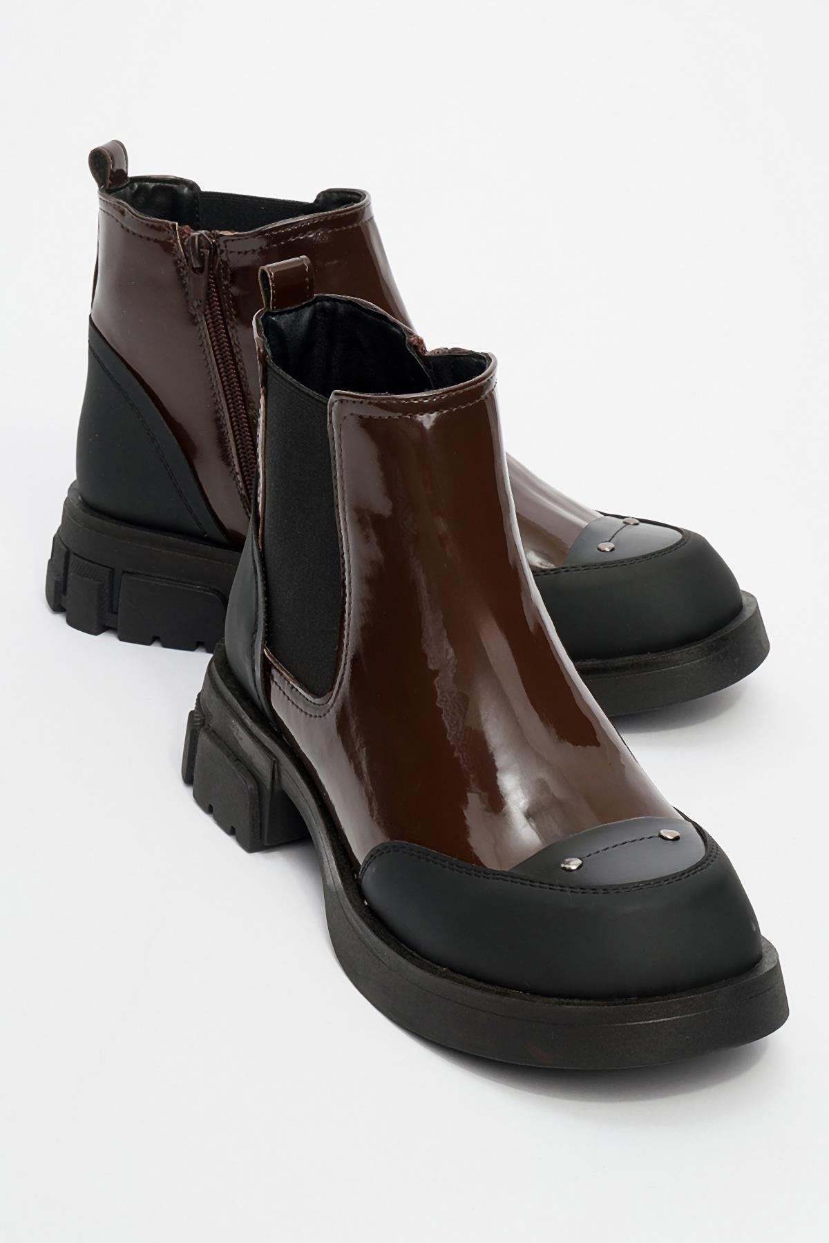 Albia - Cognac Zippered Elastic Boot – front three-quarter view showing leather, red, Vowalisse