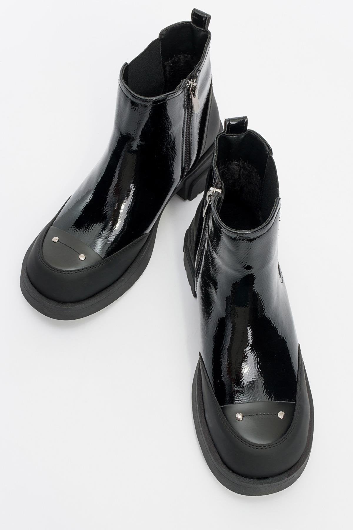 Albia - Black Zippered Elastic Boot – side view showing leather, black, red, Vowalisse