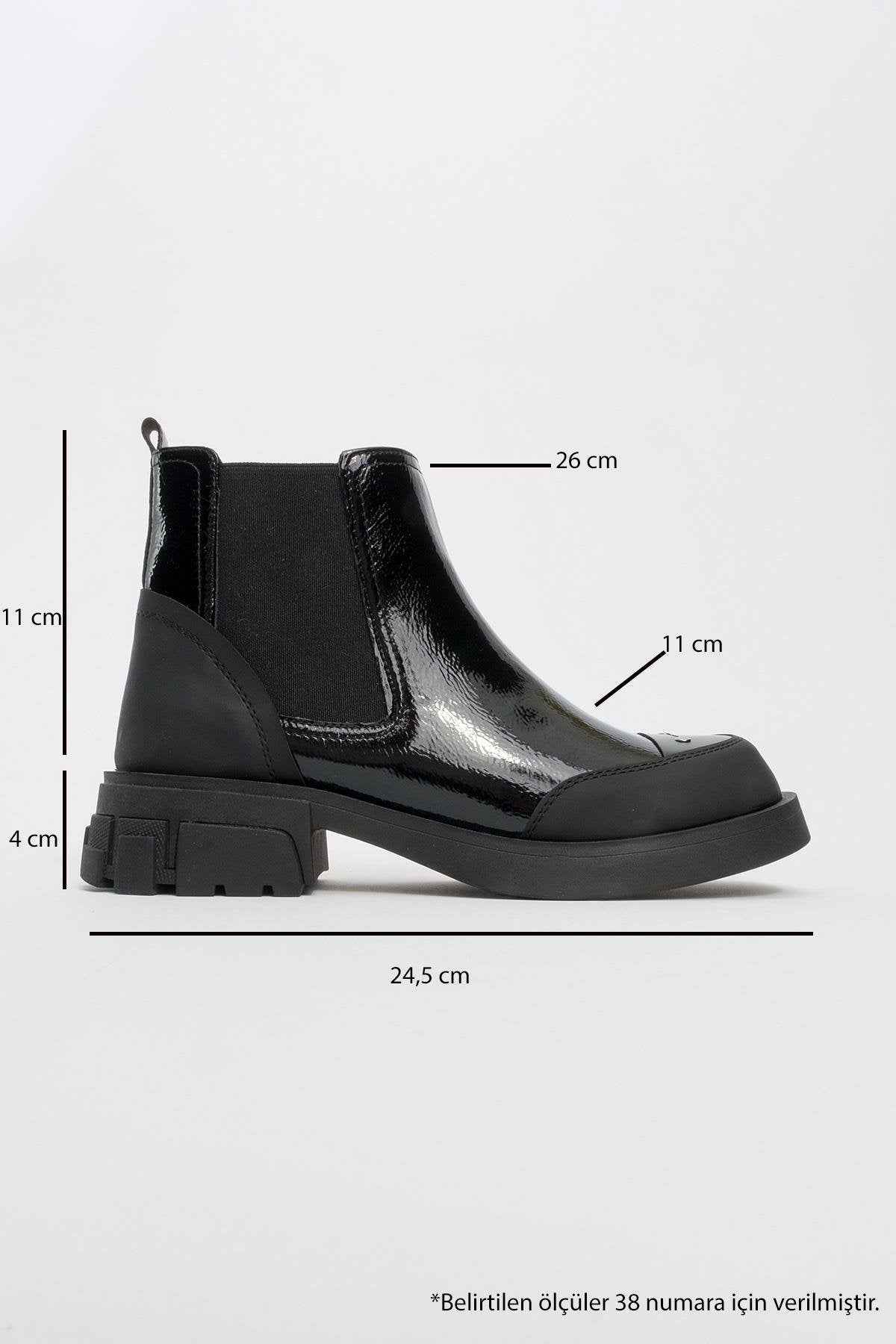 Albia - Black Zippered Elastic Boot – heel view showing leather, black, red, Vowalisse