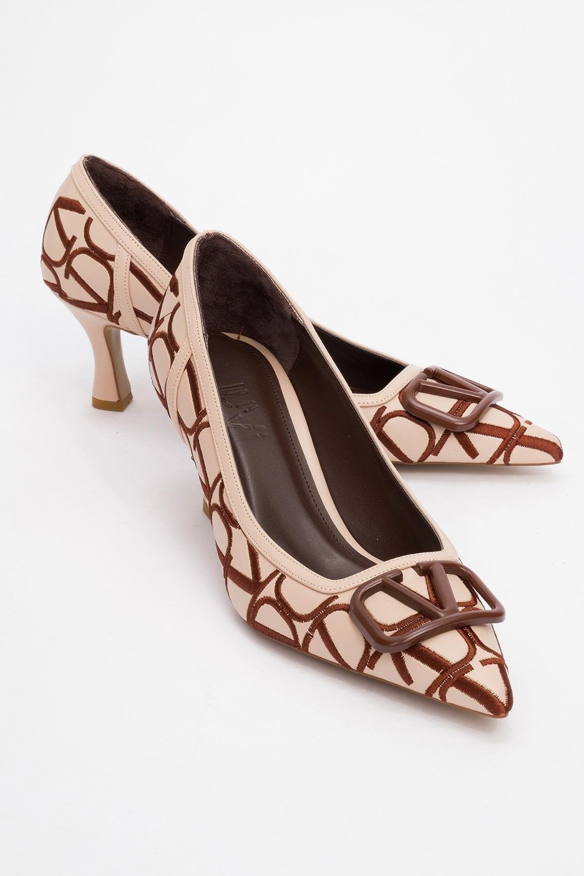 Togo - Beige-Cognac Heeled Shoe – front three-quarter view showing leather, Vowalisse