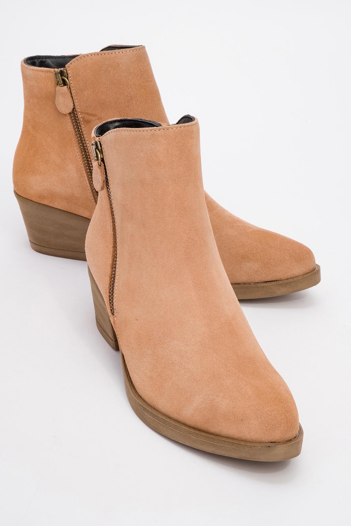 JAYER Dark Beige Leather Double-Zip Block Heel Boot – front three-quarter view showing leather, red, Vowalisse