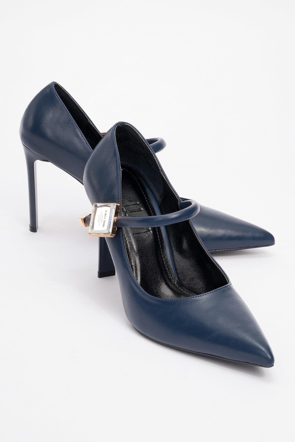 Pattaya - Navy Stone-Embellished Stiletto Pump – front three-quarter view showing leather, Vowalisse