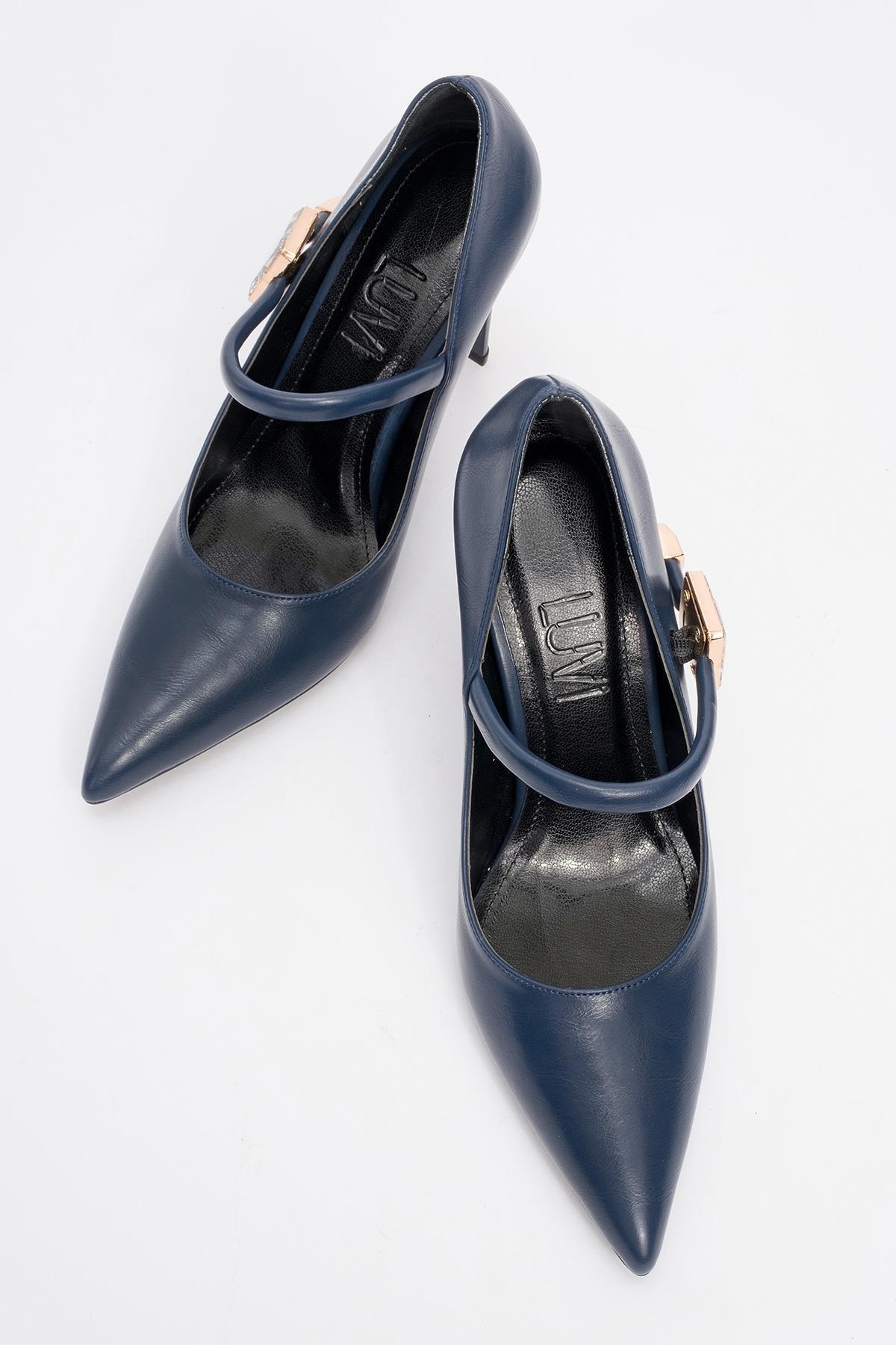 Pattaya - Navy Stone-Embellished Stiletto Pump – side view showing leather, Vowalisse