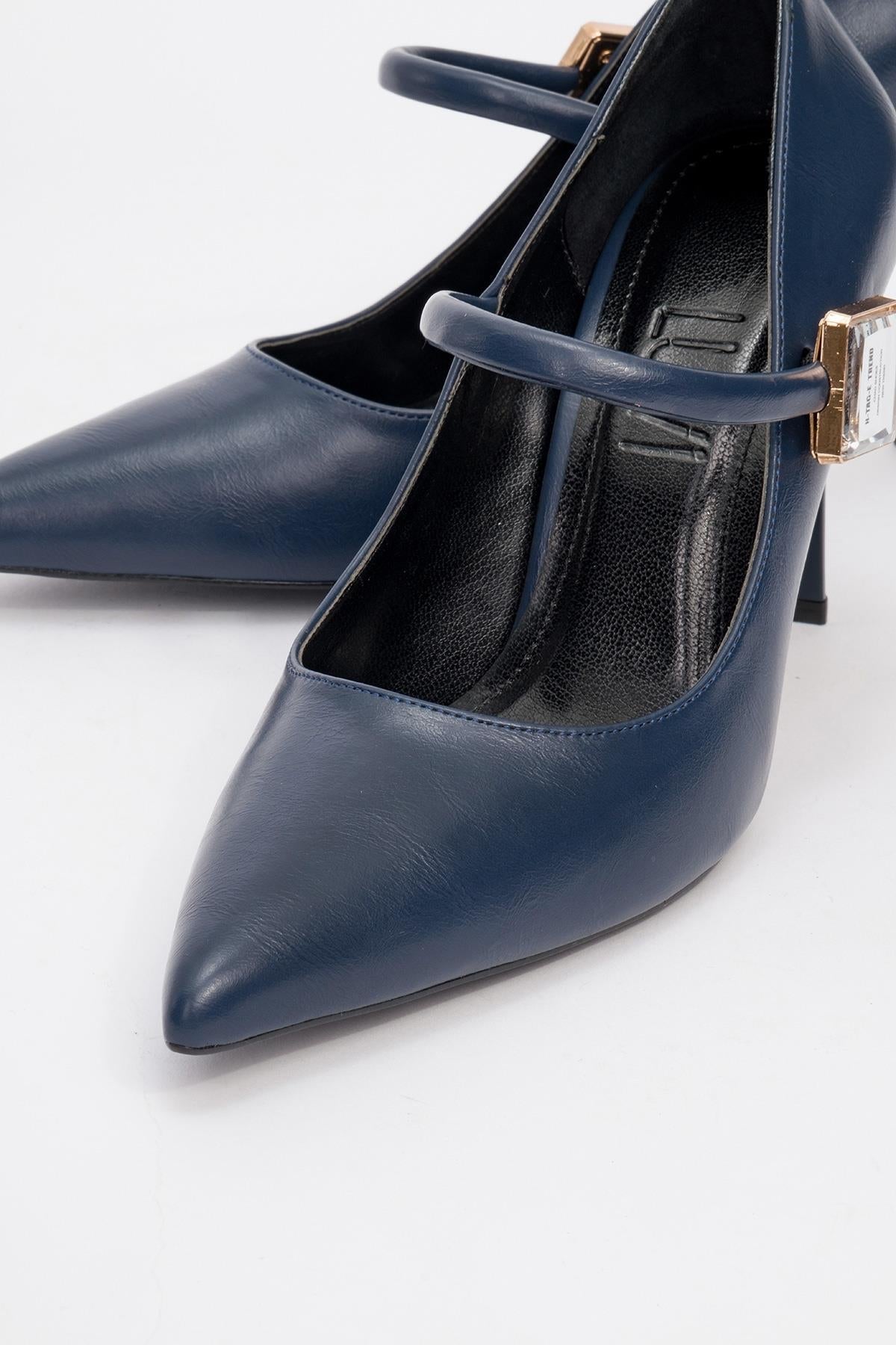 Pattaya - Navy Stone-Embellished Stiletto Pump – detail view showing leather, Vowalisse