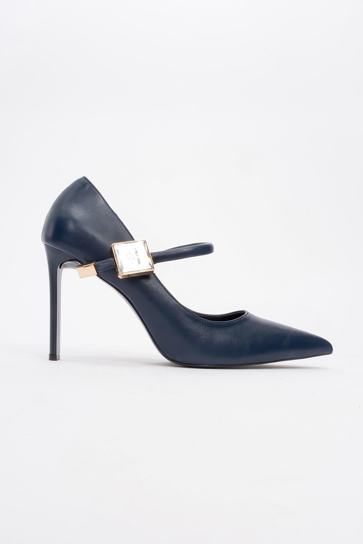Pattaya - Navy Stone-Embellished Stiletto Pump – heel view showing leather, Vowalisse