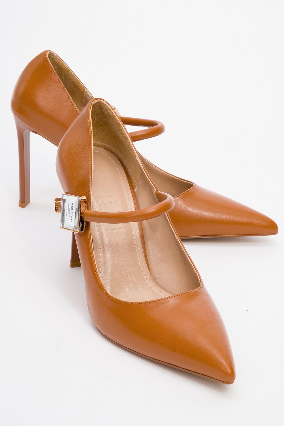 Pattaya - Cognac Stone-Embellished Stiletto Pump – front three-quarter view showing leather, Vowalisse