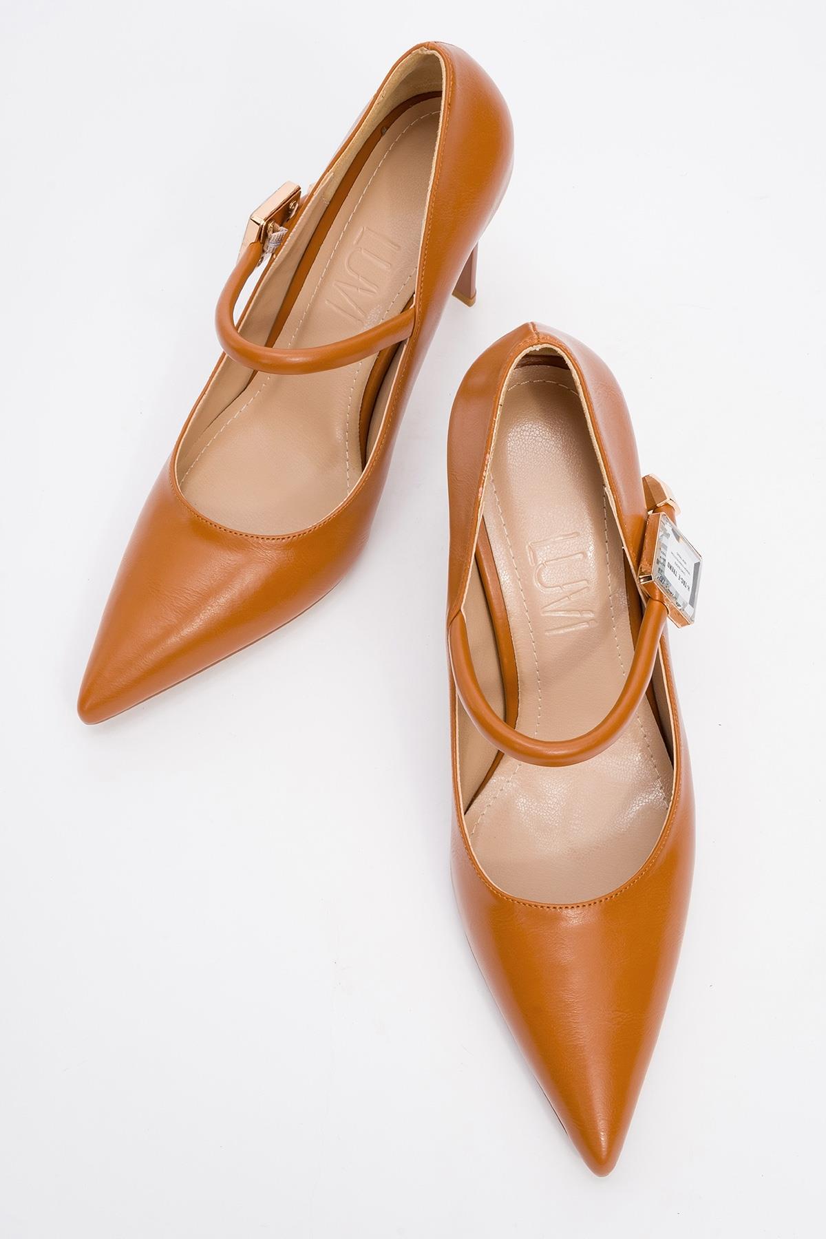 Pattaya - Cognac Stone-Embellished Stiletto Pump – side view showing leather, Vowalisse