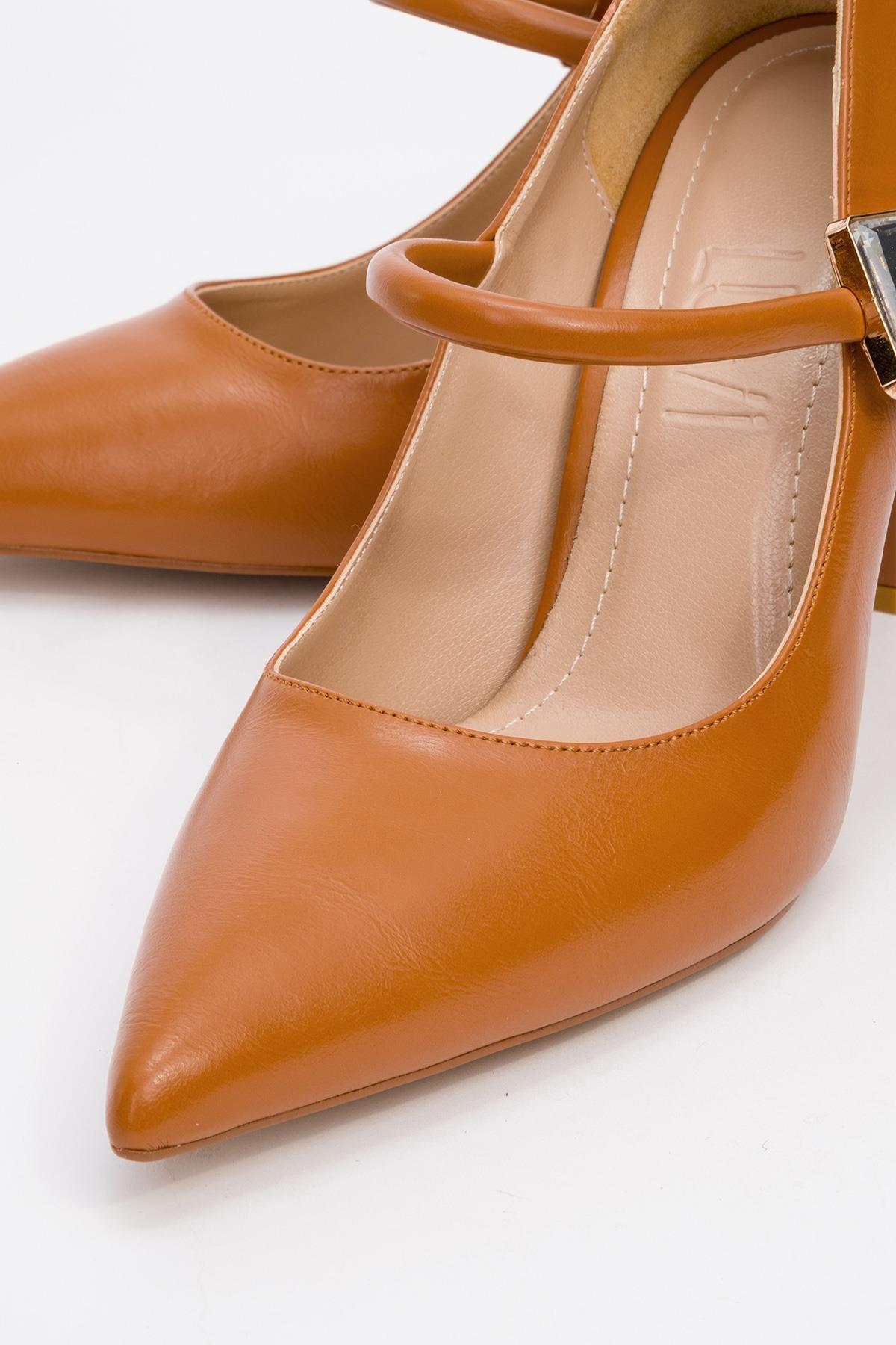 Pattaya - Cognac Stone-Embellished Stiletto Pump – detail view showing leather, Vowalisse