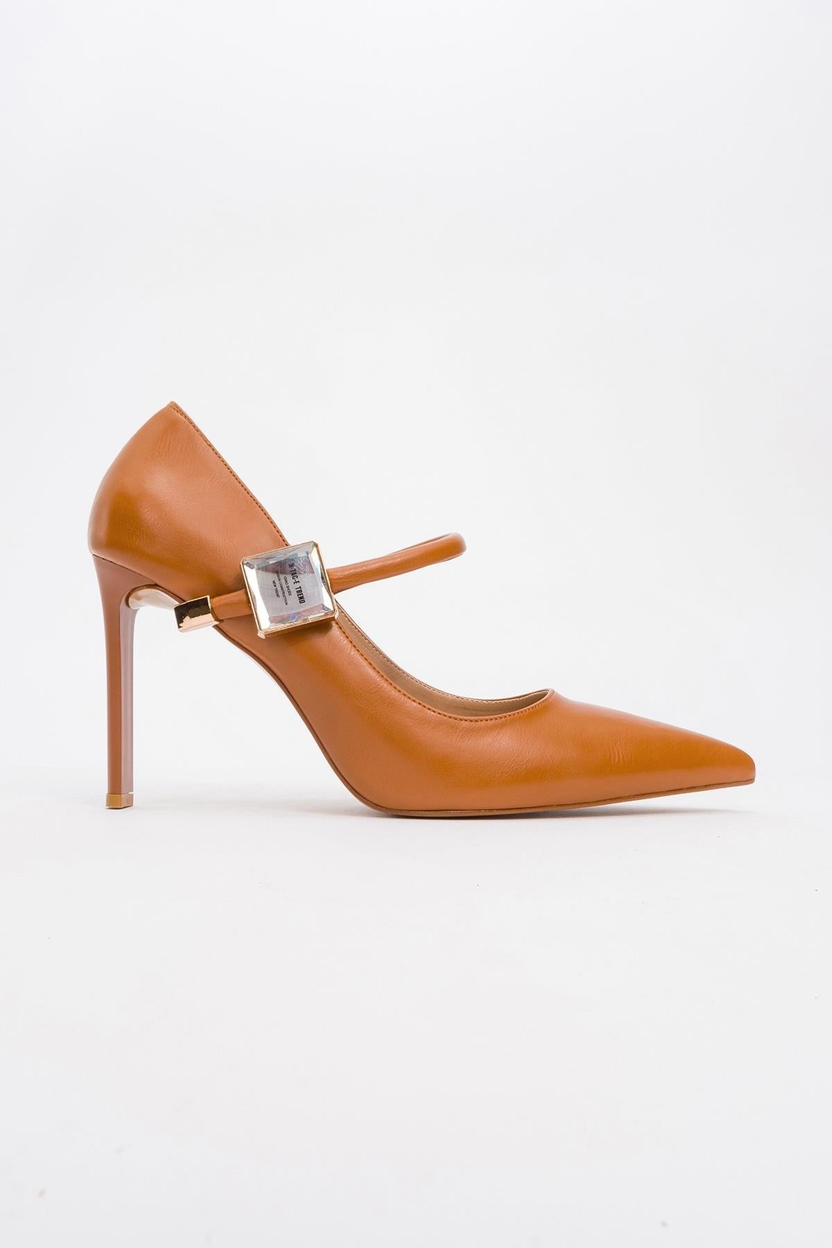 Pattaya - Cognac Stone-Embellished Stiletto Pump – heel view showing leather, Vowalisse