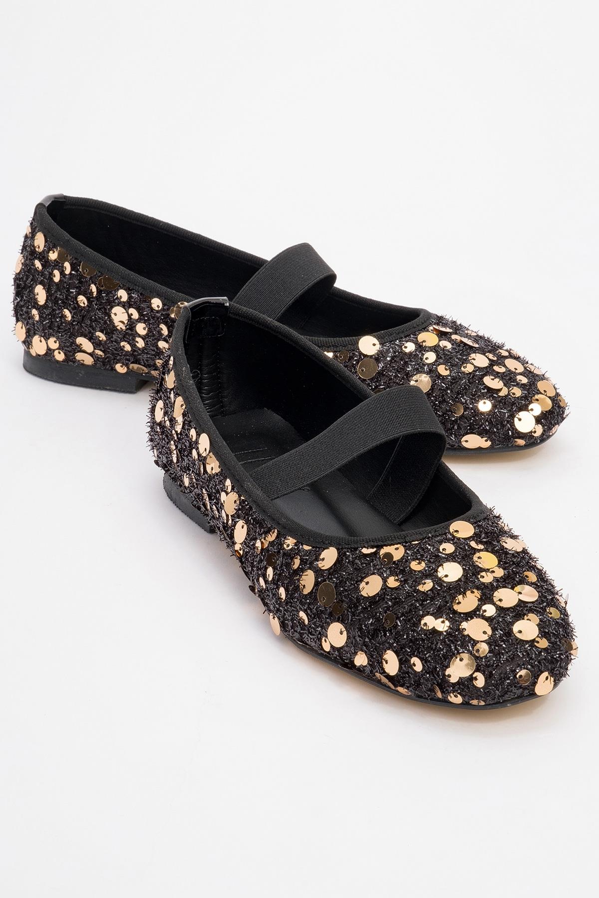 Grego Gold Sequin Embellished Flat – front three-quarter view showing leather, sequin, gold, Vowalisse