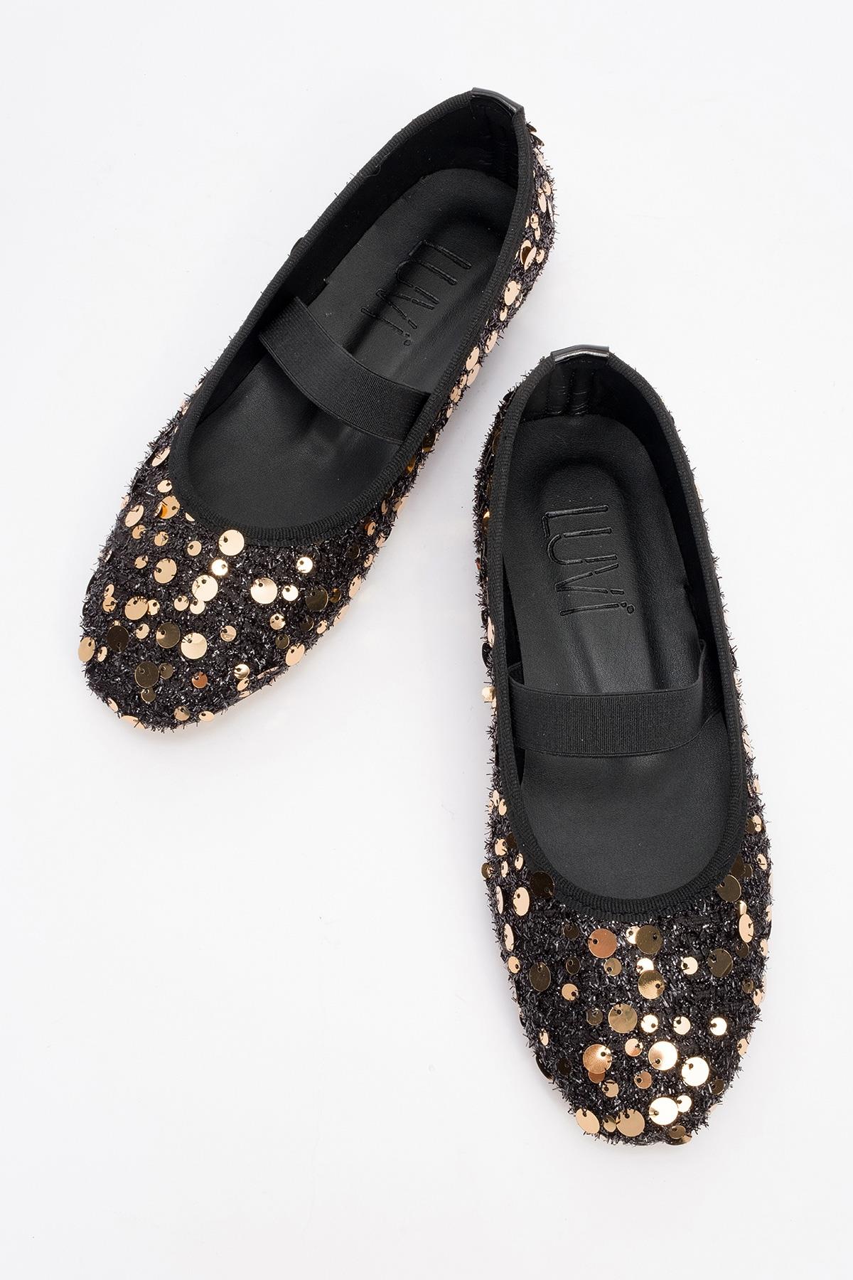 Grego Gold Sequin Embellished Flat – side view showing leather, sequin, gold, Vowalisse