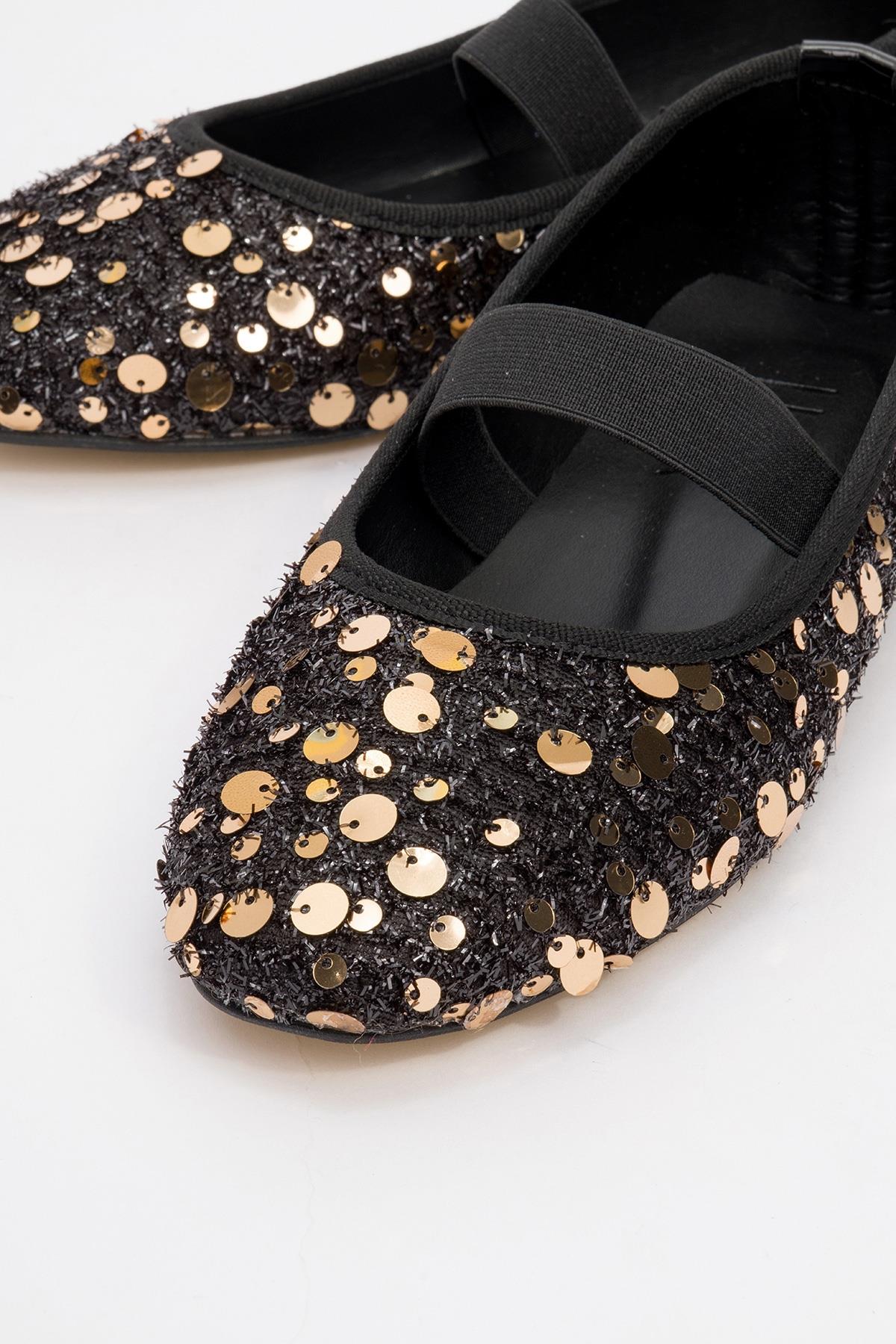 Grego Gold Sequin Embellished Flat – detail view showing leather, sequin, gold, Vowalisse