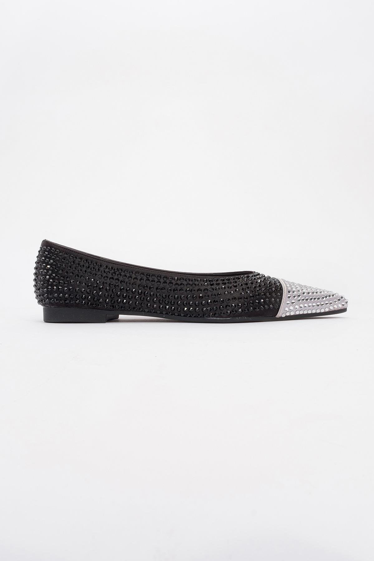 Monteria - Black Silver Ballet Flat – heel view showing leather, black, silver, Vowalisse