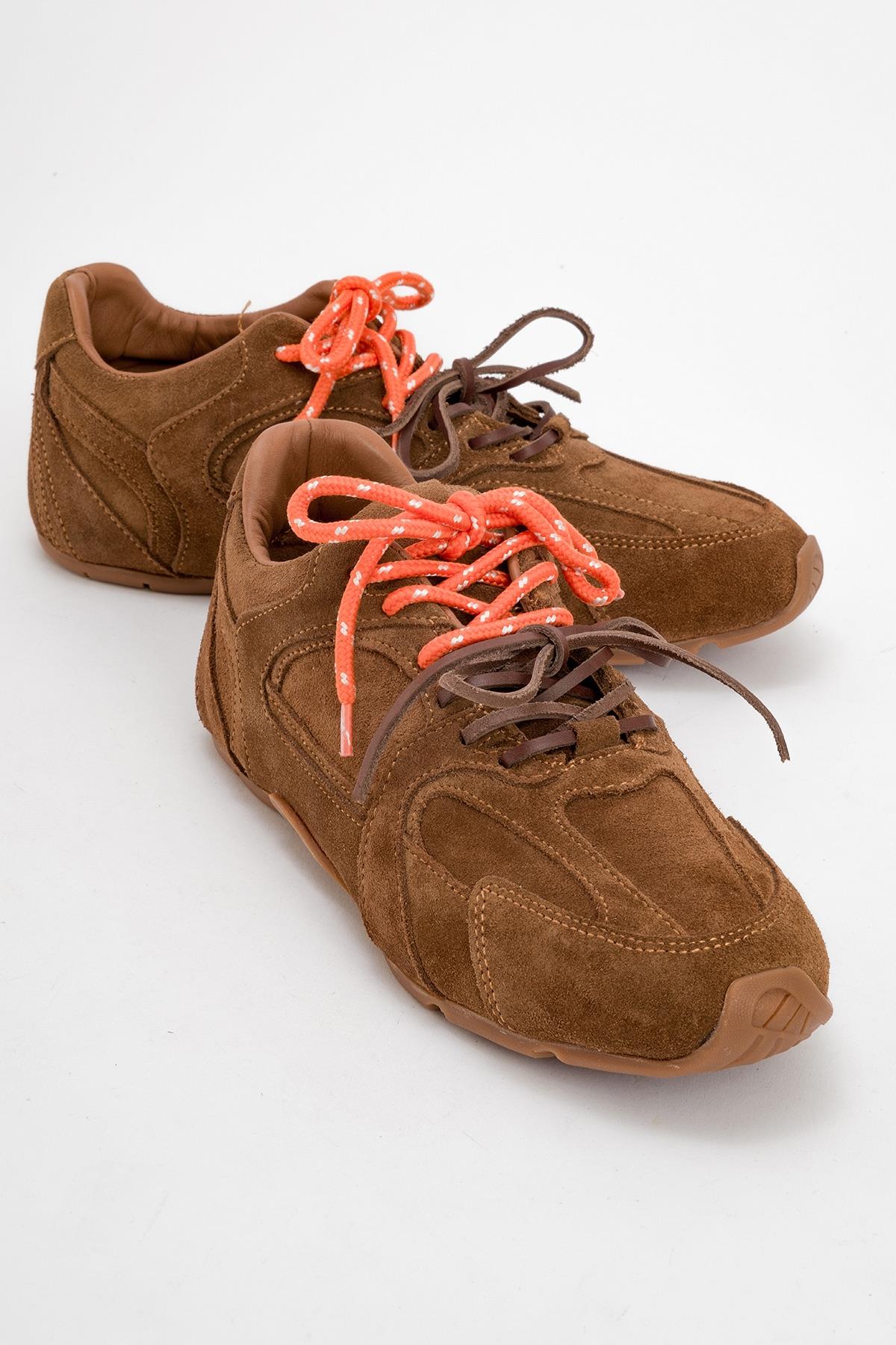 Selena - Cognac Brown Suede Leather Sneakers – front three-quarter view showing leather, suede, red, Vowalisse