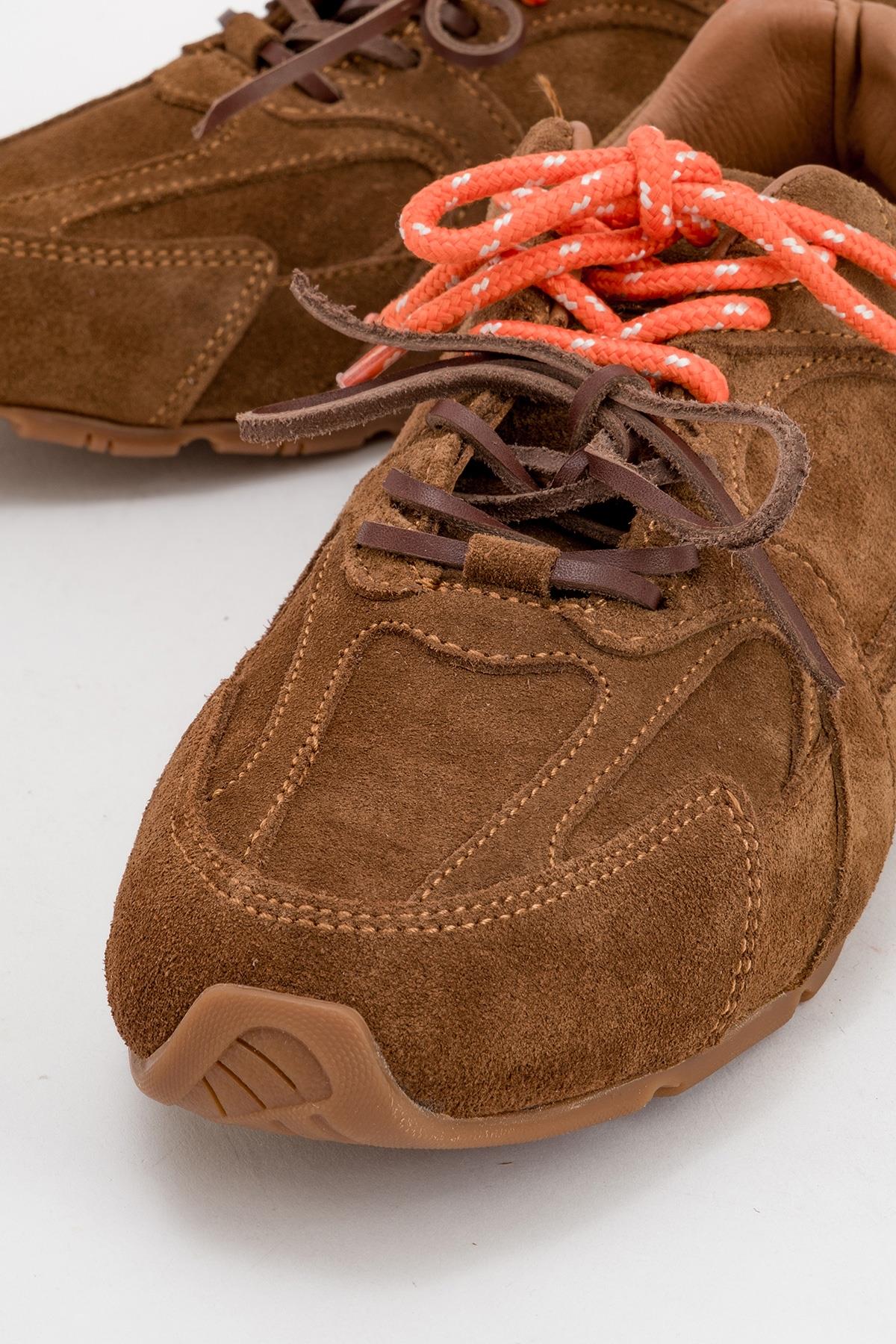 Selena - Cognac Brown Suede Leather Sneakers – detail view showing leather, suede, red, Vowalisse