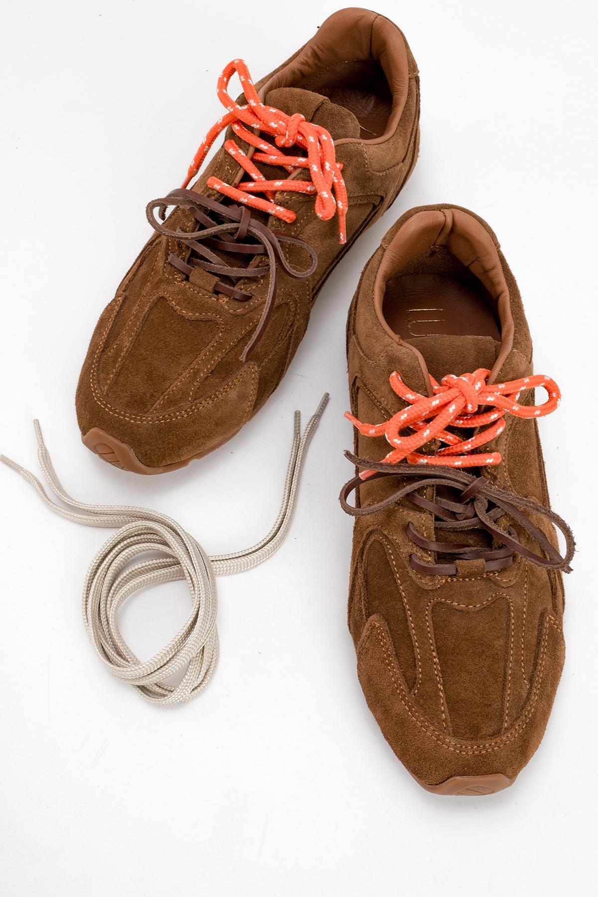 Selena - Cognac Brown Suede Leather Sneakers – heel view showing leather, suede, red, Vowalisse