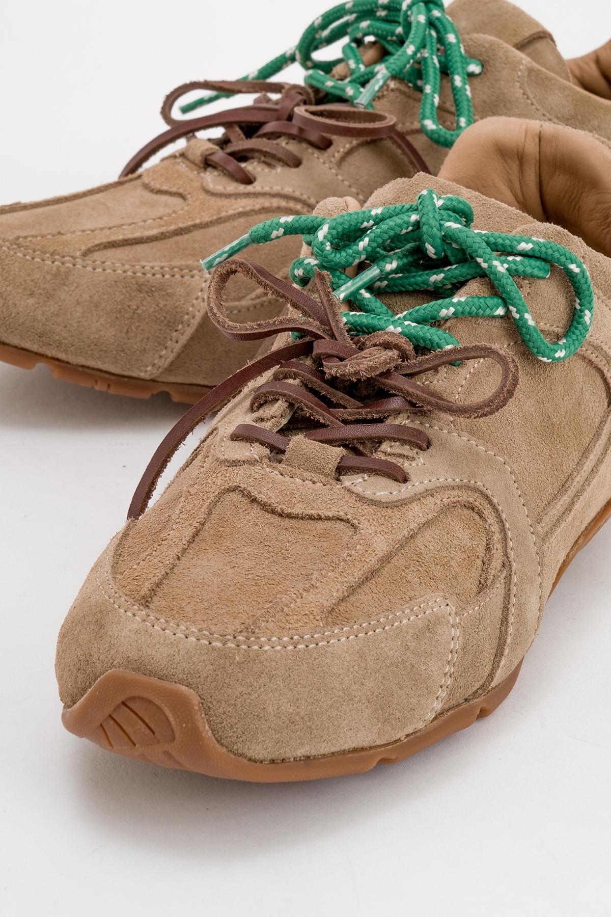 Selena - Dark Beige Suede Leather Sneakers – detail view showing leather, suede, red, Vowalisse