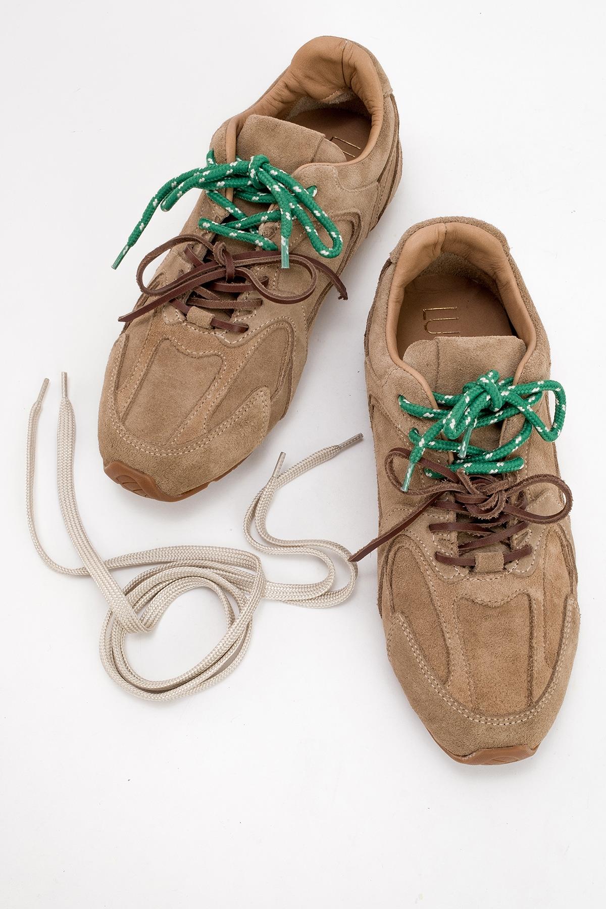 Selena - Dark Beige Suede Leather Sneakers – heel view showing leather, suede, red, Vowalisse