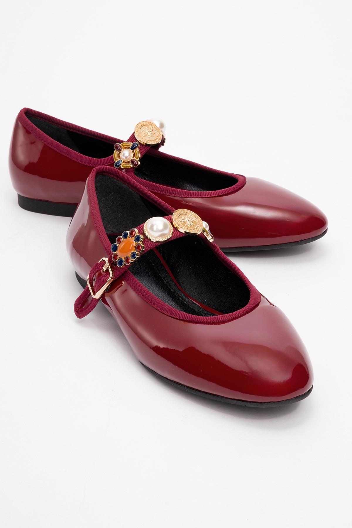 Lauras - Burgundy Patent Embellished Ballet Flat – front three-quarter view showing leather, Vowalisse