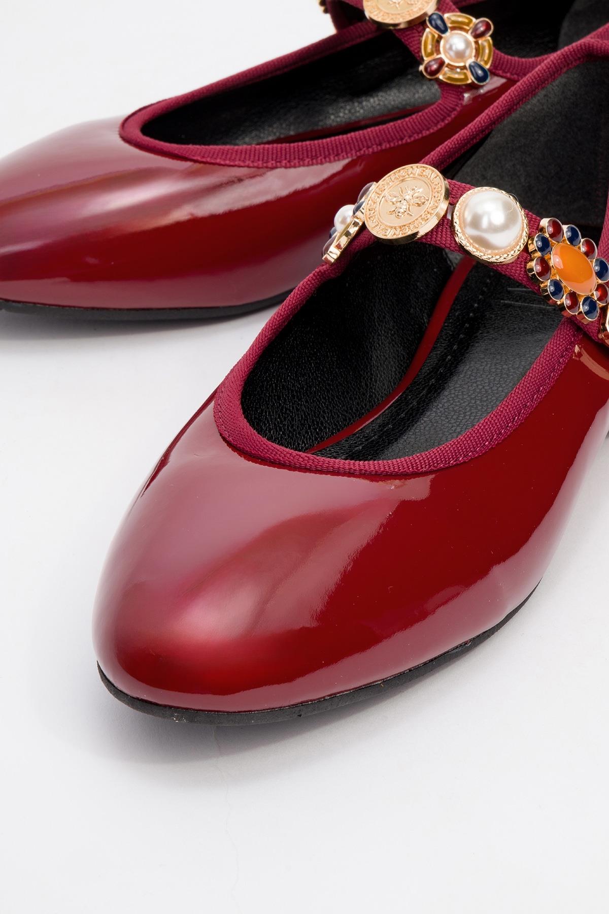 Lauras - Burgundy Patent Embellished Ballet Flat – detail view showing leather, Vowalisse
