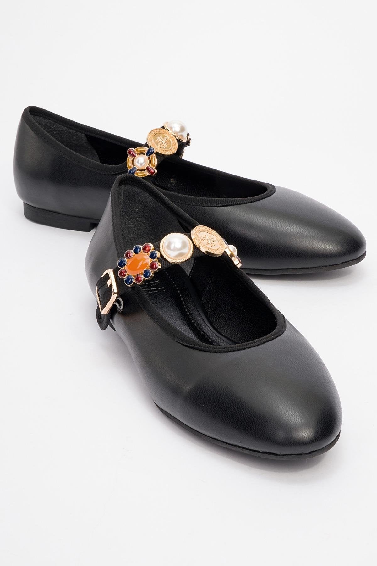 Lauras - Black Embellished Ballet Flat – front three-quarter view showing leather, black, Vowalisse