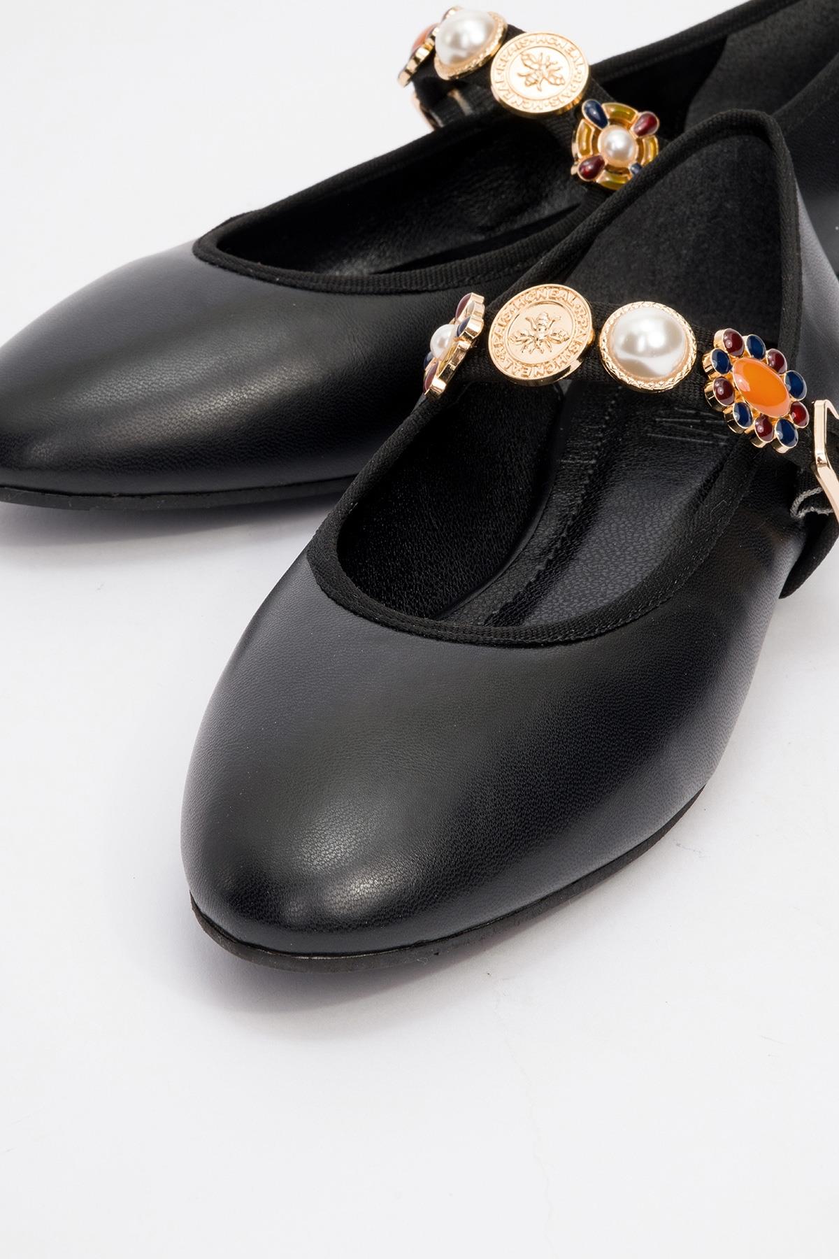 Lauras - Black Embellished Ballet Flat – detail view showing leather, black, Vowalisse