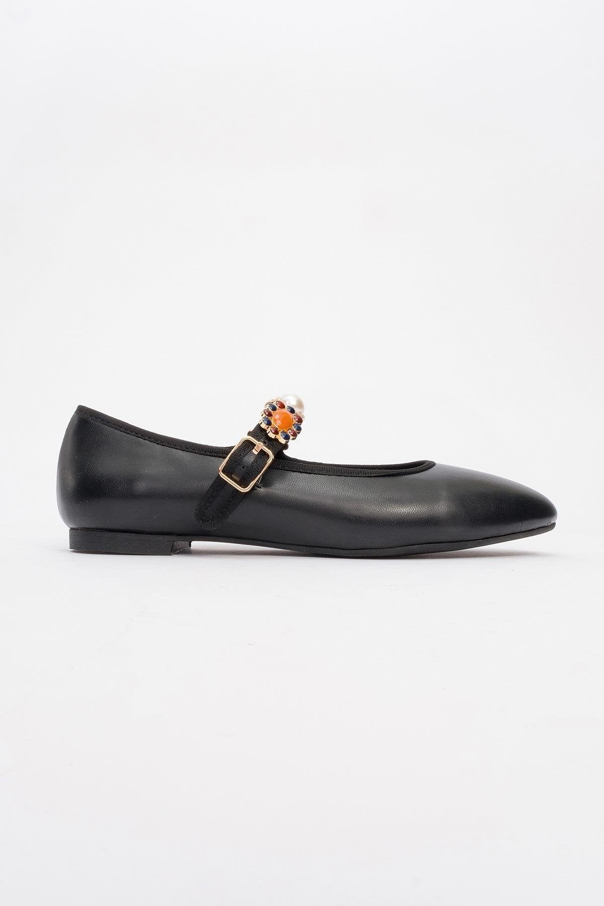 Lauras - Black Embellished Ballet Flat – heel view showing leather, black, Vowalisse