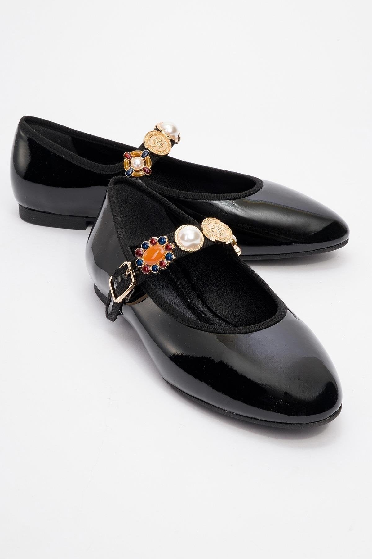 Lauras - Black Patent Embellished Ballet Flat – front three-quarter view showing leather, black, Vowalisse