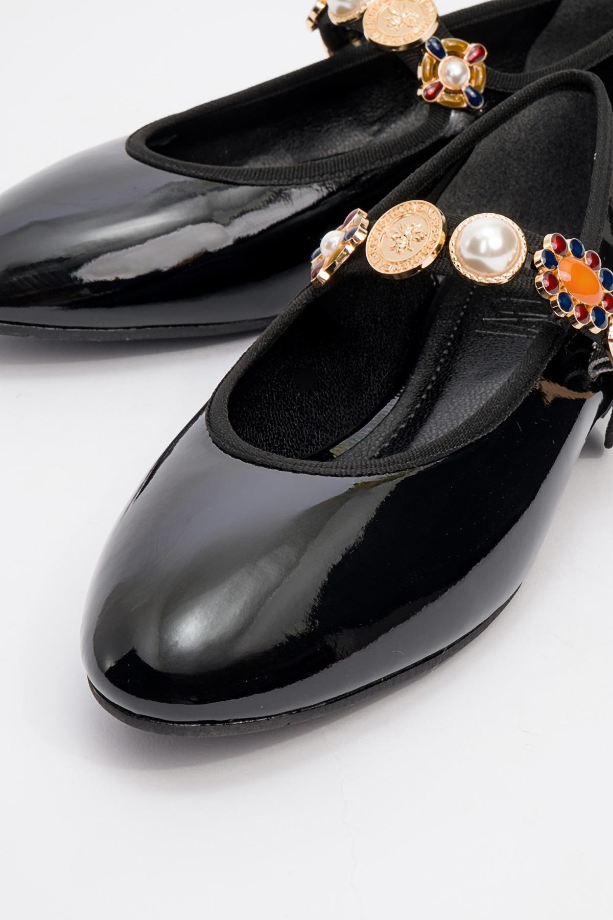 Lauras - Black Patent Embellished Ballet Flat – detail view showing leather, black, Vowalisse