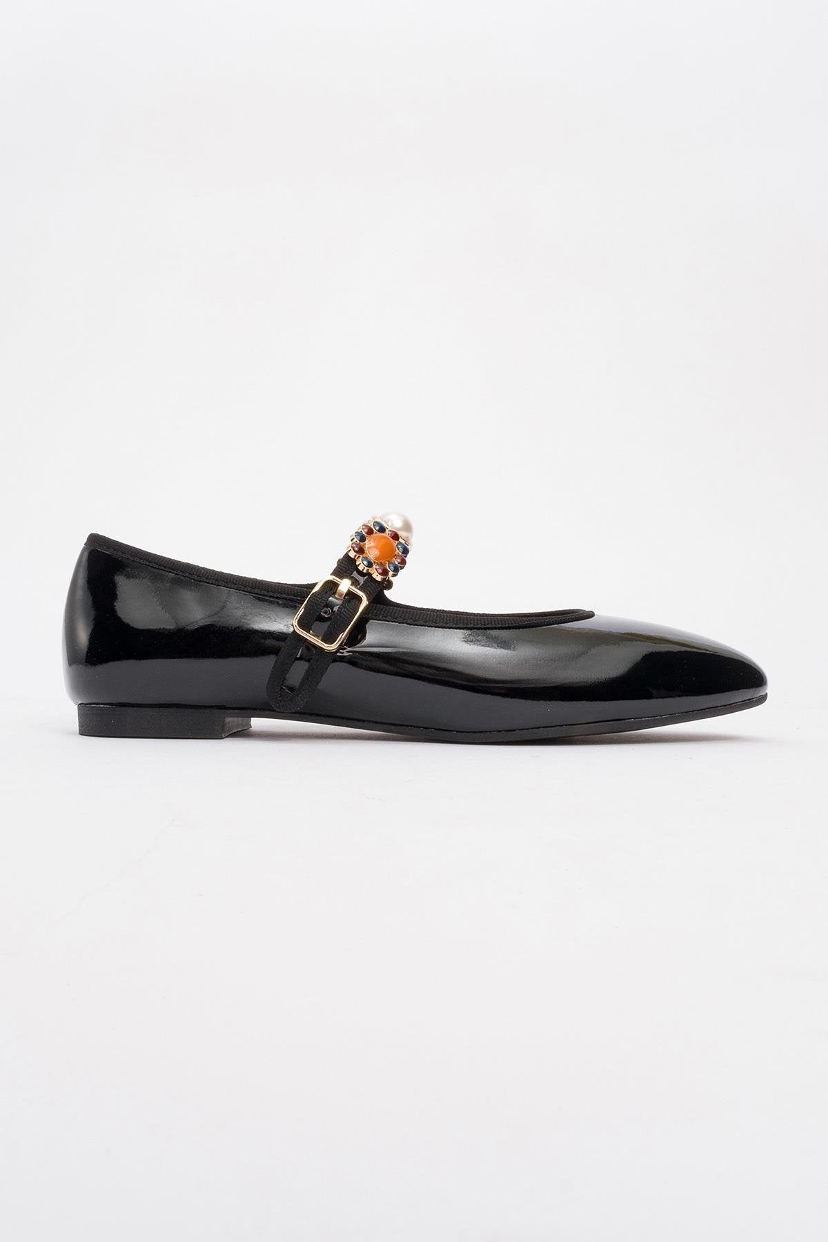 Lauras - Black Patent Embellished Ballet Flat – heel view showing leather, black, Vowalisse
