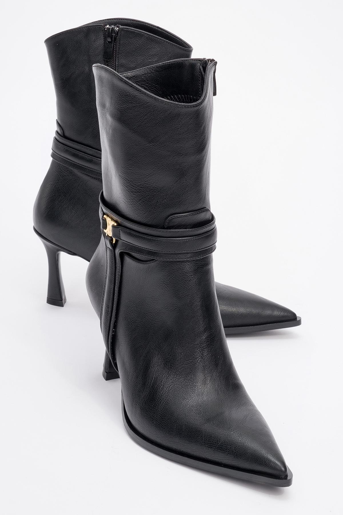 Berton - Black Zippered Pointed Toe High Heel Boot – front three-quarter view showing leather, black, red, Vowalisse