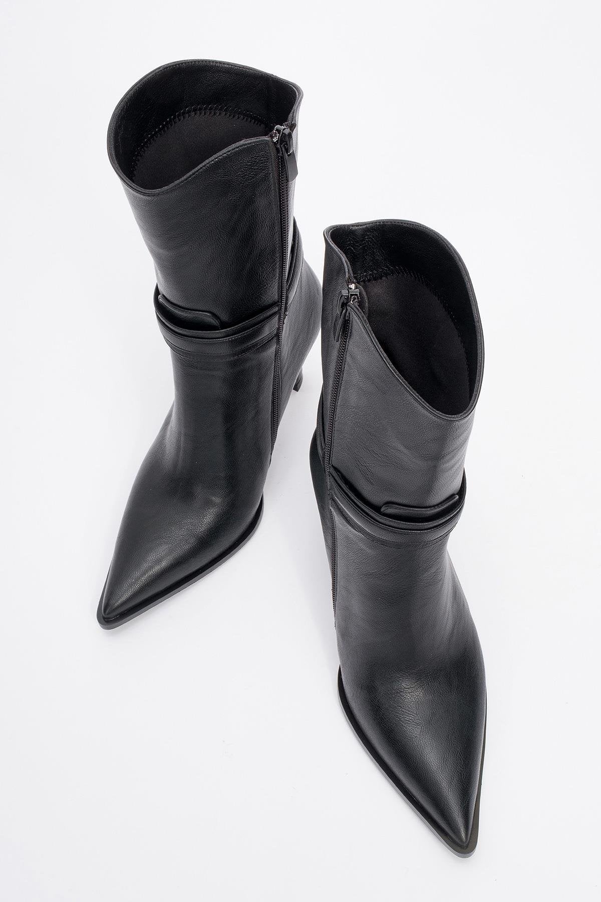 Berton - Black Zippered Pointed Toe High Heel Boot – side view showing leather, black, red, Vowalisse